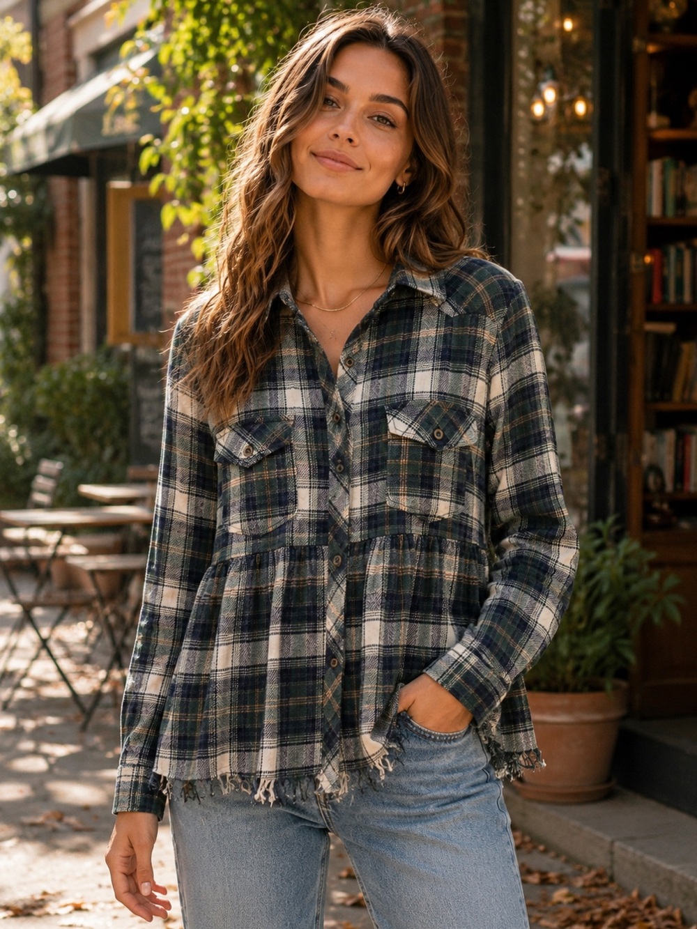 Entro Plaid Flannel Babydoll Button Down Raw Hem Cotton Top Large